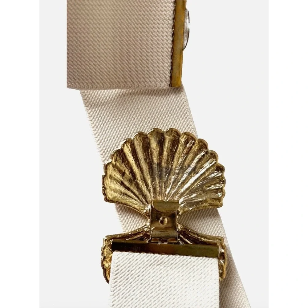 Vintage 80s Cream Elastic Cinch Belt M Gold Enamel Seashell Buckle Nautical GUC